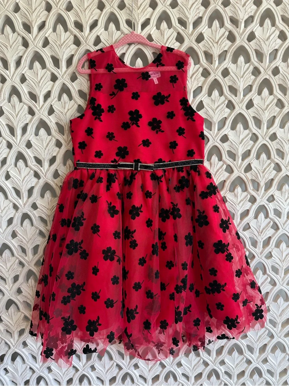 Blueberi Boulevard Red & Black Floral Tulle Party Dress, 7/8